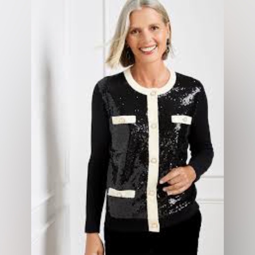 Talbots Black and Cream SEQUIN EMBELLISHED JACKET size L